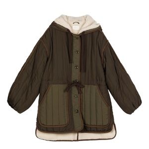 Quilted Olive & Brown Hooded Jacket with Sherpa Lining